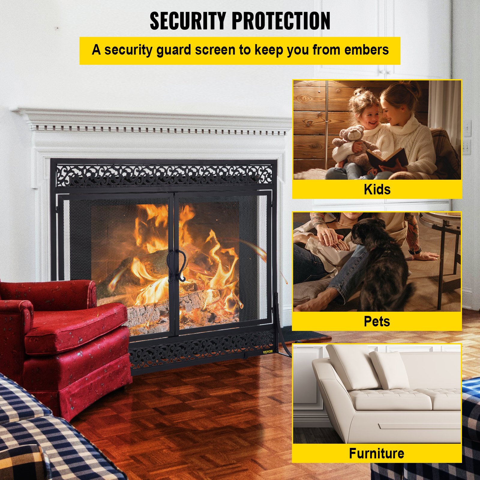 VEVOR Fireplace Screen, 39 x 31 Inch, Double Door Iron Freestanding Spark Guard with Support, Metal Mesh Craft, Broom Tong Shovel Poker Included for Fireplace Decoration & Protection, Black