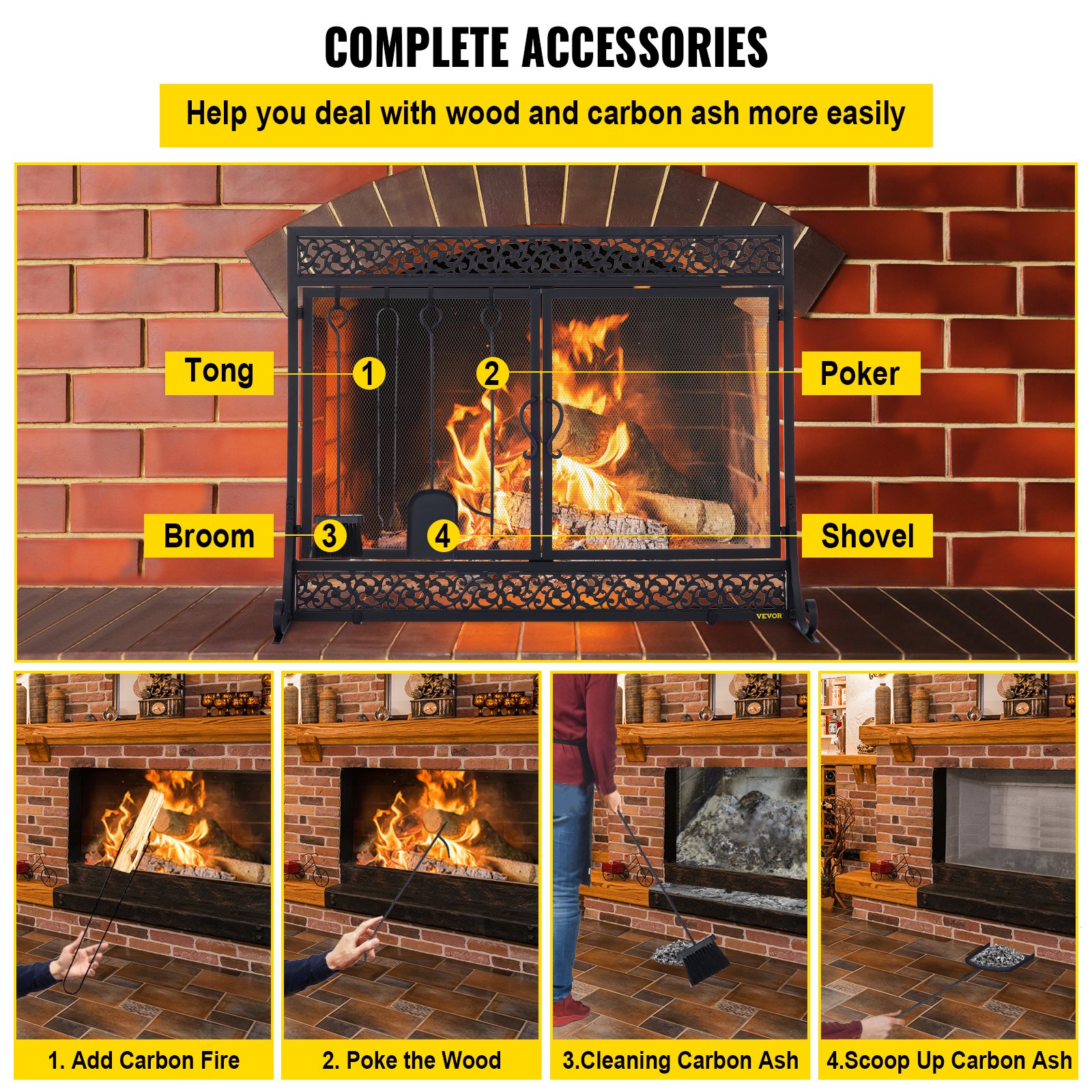 VEVOR Fireplace Screen, 39 x 31 Inch, Double Door Iron Freestanding Spark Guard with Support, Metal Mesh Craft, Broom Tong Shovel Poker Included for Fireplace Decoration & Protection, Black