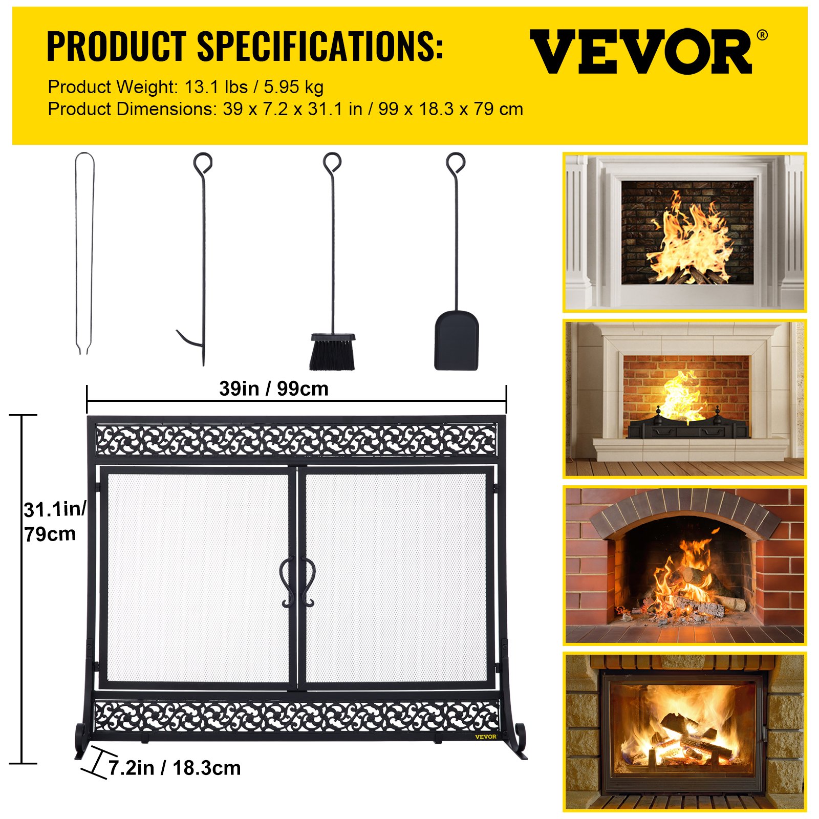 VEVOR Fireplace Screen, 39 x 31 Inch, Double Door Iron Freestanding Spark Guard with Support, Metal Mesh Craft, Broom Tong Shovel Poker Included for Fireplace Decoration & Protection, Black