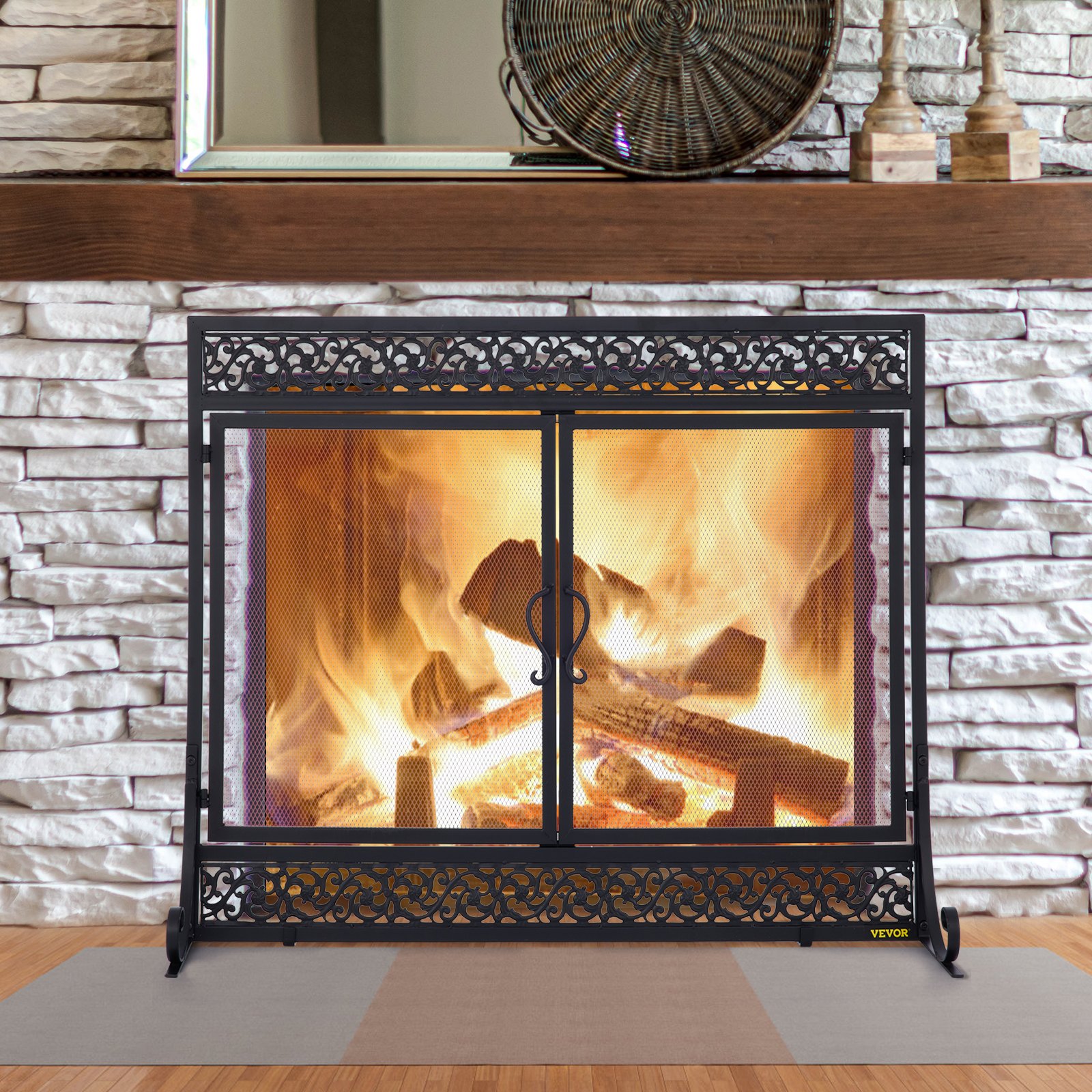 VEVOR Fireplace Screen, 39 x 31 Inch, Double Door Iron Freestanding Spark Guard with Support, Metal Mesh Craft, Broom Tong Shovel Poker Included for Fireplace Decoration & Protection, Black