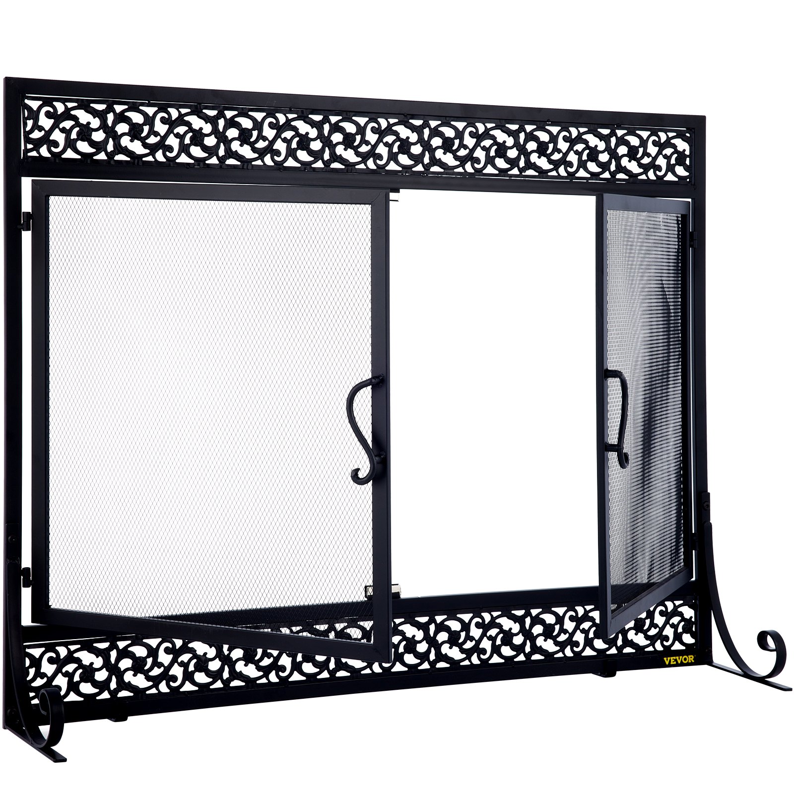 VEVOR Fireplace Screen, 39 x 31 Inch, Double Door Iron Freestanding Spark Guard with Support, Metal Mesh Craft, Broom Tong Shovel Poker Included for Fireplace Decoration & Protection, Black