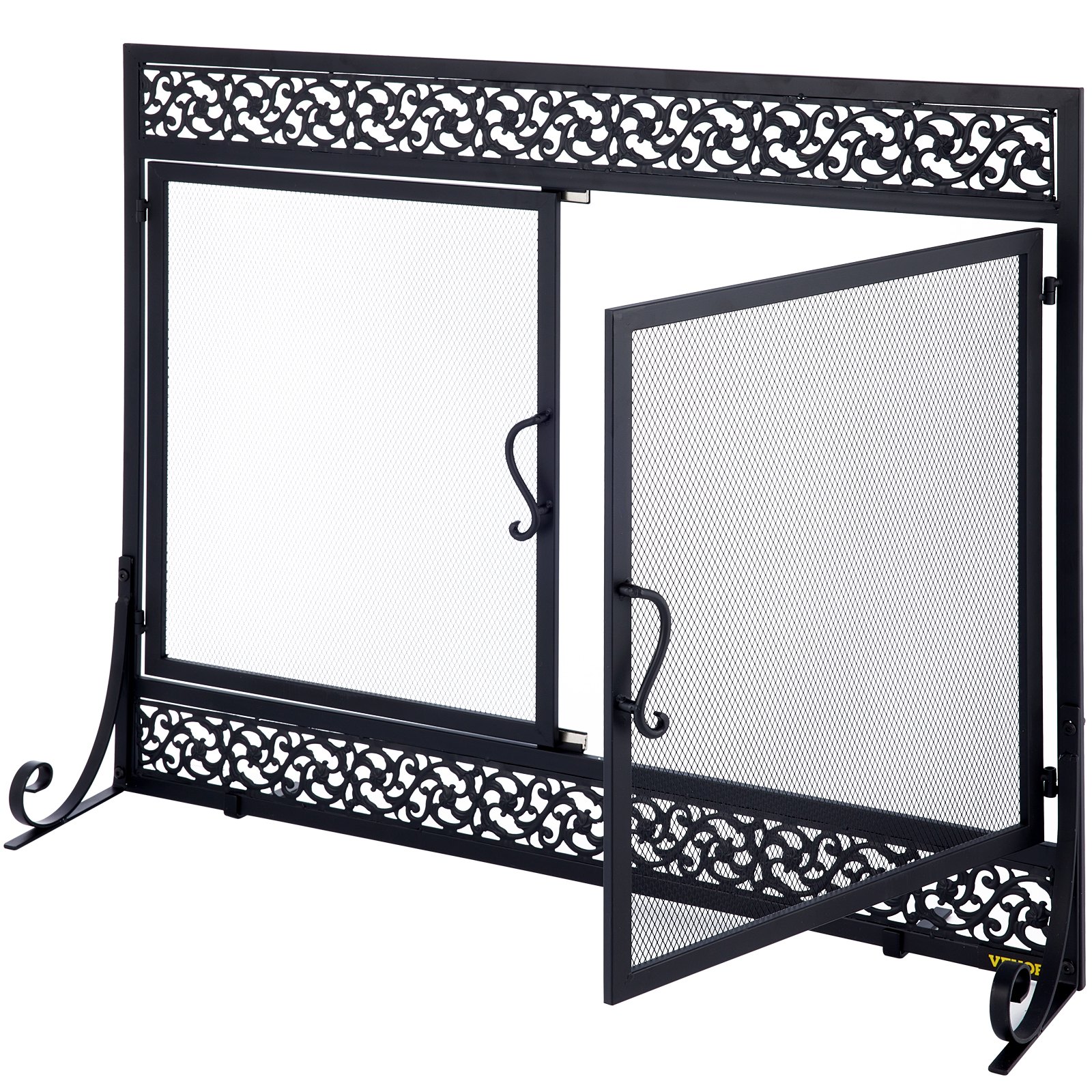 VEVOR Fireplace Screen, 39 x 31 Inch, Double Door Iron Freestanding Spark Guard with Support, Metal Mesh Craft, Broom Tong Shovel Poker Included for Fireplace Decoration & Protection, Black