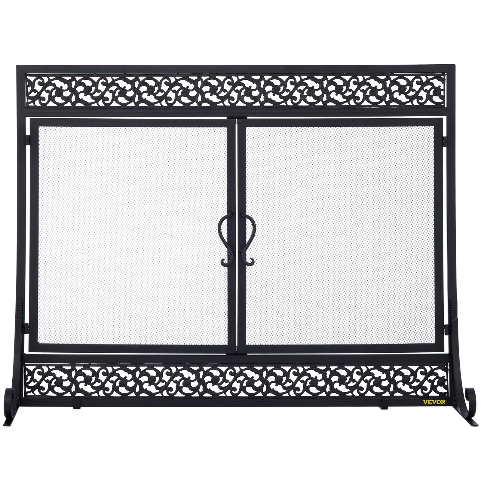 VEVOR Fireplace Screen, 39 x 31 Inch, Double Door Iron Freestanding Spark Guard with Support, Metal Mesh Craft, Broom Tong Shovel Poker Included for Fireplace Decoration & Protection, Black