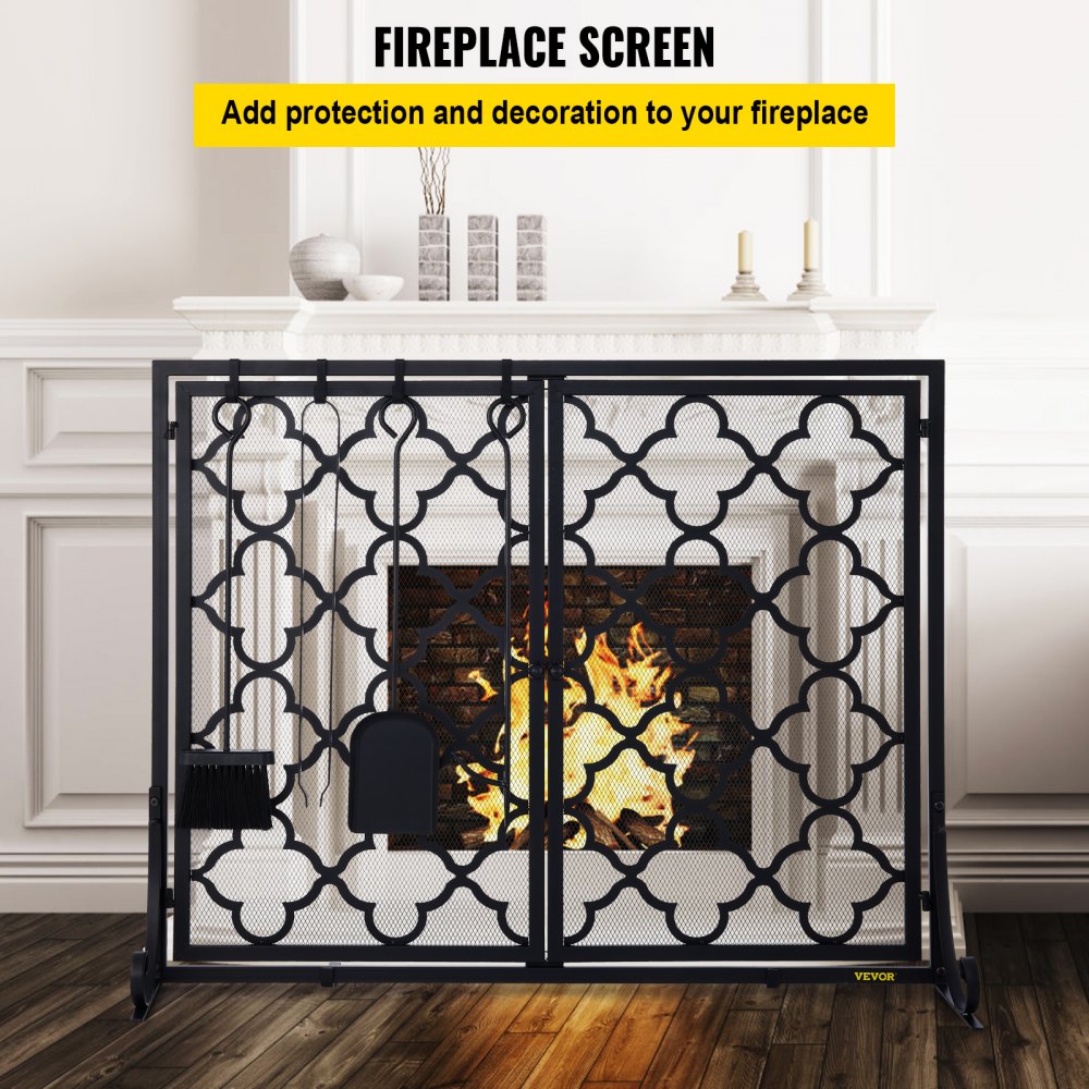 VEVOR Fireplace Screen, 39 x 31 Inch, Double Door Iron Freestanding Spark Guard with Support, Metal Mesh Craft, Broom Tong Shovel Poker Included for Fireplace Decoration & Protection, Black