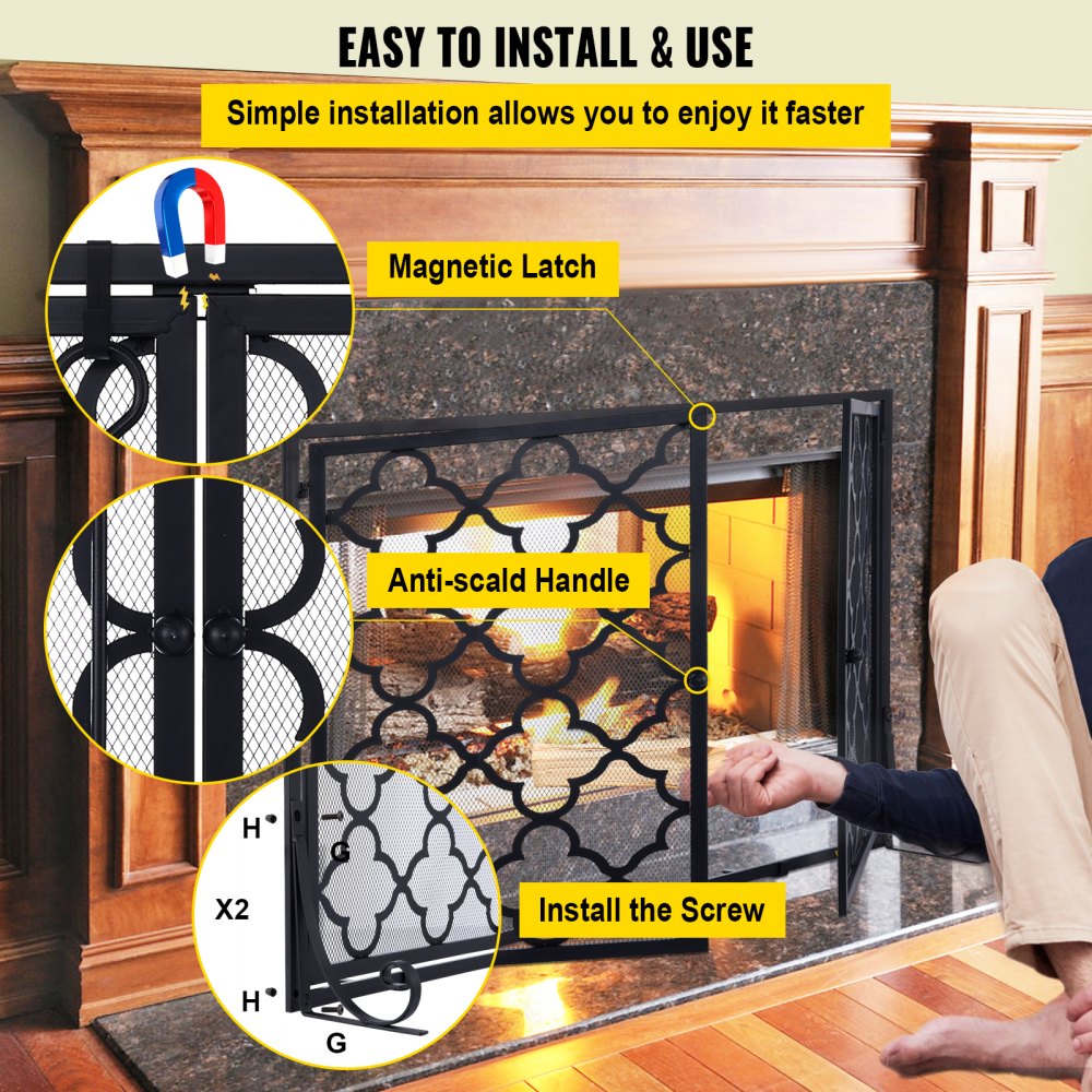 VEVOR Fireplace Screen, 39 x 31 Inch, Double Door Iron Freestanding Spark Guard with Support, Metal Mesh Craft, Broom Tong Shovel Poker Included for Fireplace Decoration & Protection, Black