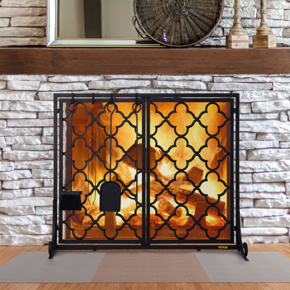VEVOR Fireplace Screen, 39 x 31 Inch, Double Door Iron Freestanding Spark Guard with Support, Metal Mesh Craft, Broom Tong Shovel Poker Included for Fireplace Decoration & Protection, Black