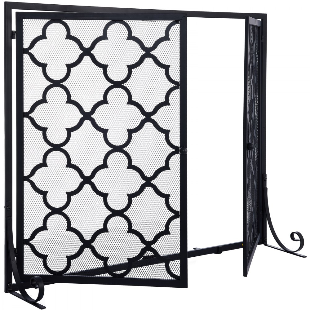 VEVOR Fireplace Screen, 39 x 31 Inch, Double Door Iron Freestanding Spark Guard with Support, Metal Mesh Craft, Broom Tong Shovel Poker Included for Fireplace Decoration & Protection, Black