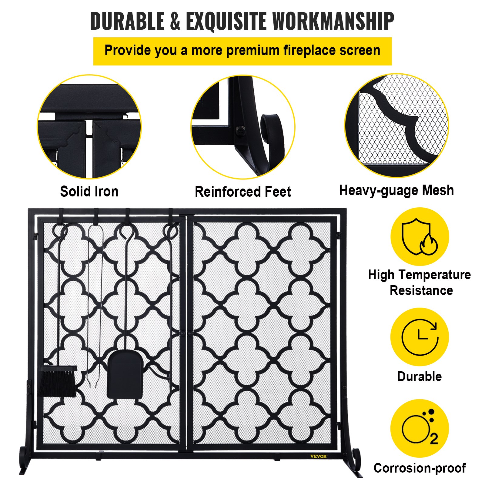 VEVOR Fireplace Screen, 39 x 31 Inch, Double Door Iron Freestanding Spark Guard with Support, Metal Mesh Craft, Broom Tong Shovel Poker Included for Fireplace Decoration & Protection, Black