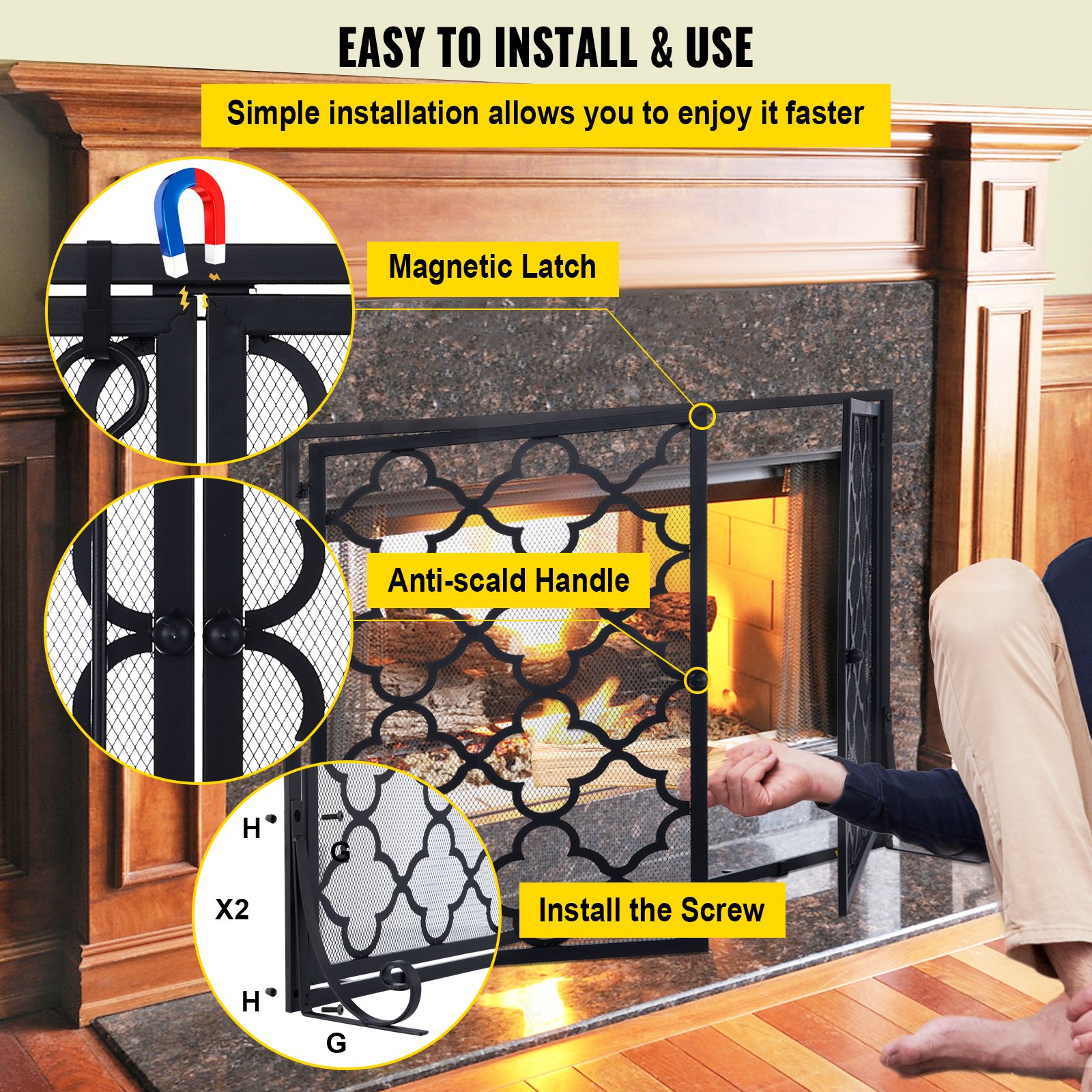 VEVOR Fireplace Screen, 39 x 31 Inch, Double Door Iron Freestanding Spark Guard with Support, Metal Mesh Craft, Broom Tong Shovel Poker Included for Fireplace Decoration & Protection, Black
