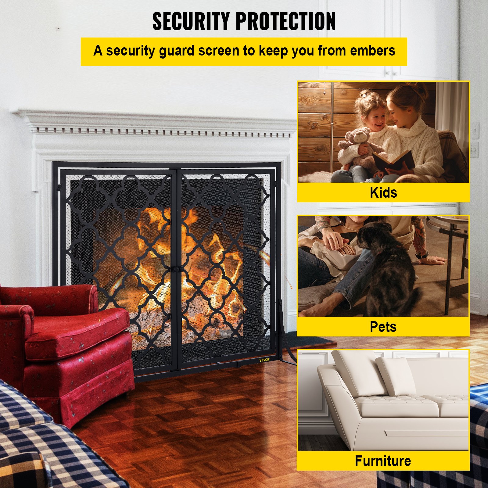 VEVOR Fireplace Screen, 39 x 31 Inch, Double Door Iron Freestanding Spark Guard with Support, Metal Mesh Craft, Broom Tong Shovel Poker Included for Fireplace Decoration & Protection, Black