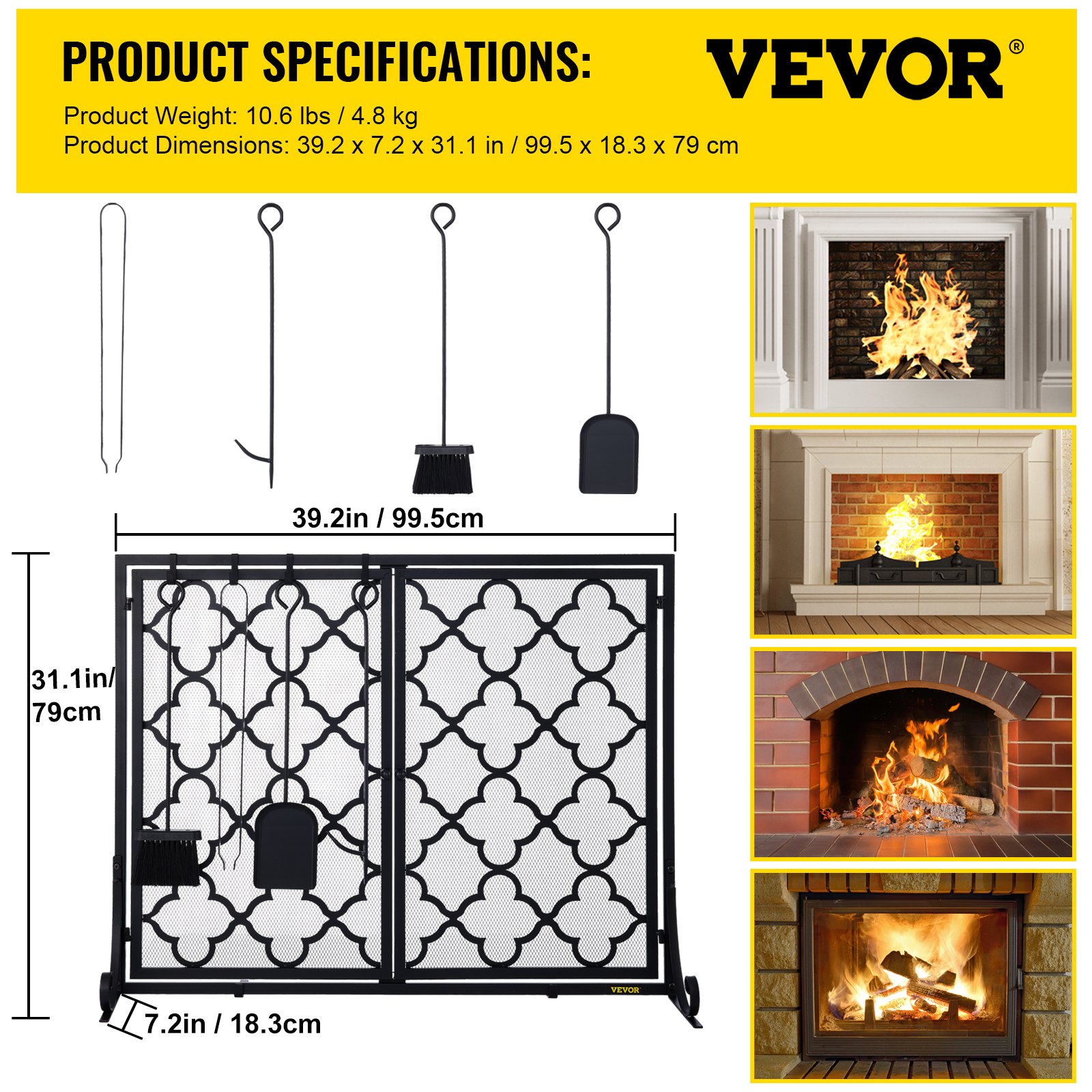VEVOR Fireplace Screen, 39 x 31 Inch, Double Door Iron Freestanding Spark Guard with Support, Metal Mesh Craft, Broom Tong Shovel Poker Included for Fireplace Decoration & Protection, Black