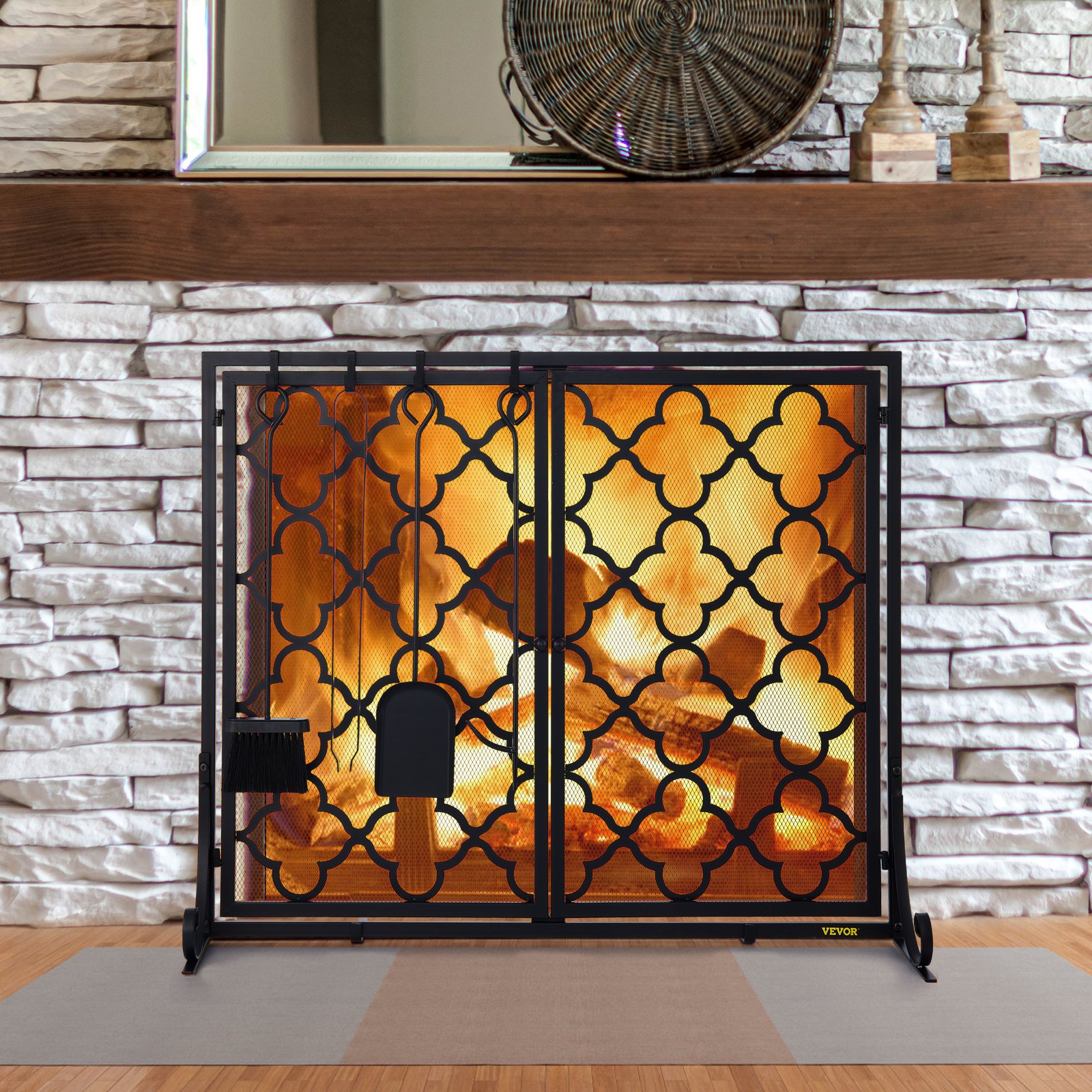VEVOR Fireplace Screen, 39 x 31 Inch, Double Door Iron Freestanding Spark Guard with Support, Metal Mesh Craft, Broom Tong Shovel Poker Included for Fireplace Decoration & Protection, Black