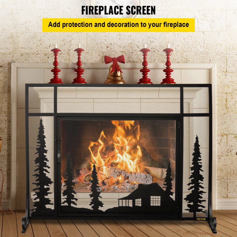 VEVOR Fireplace Screen, 44" Fireplace Screens Decorative, Black Solid Steel Fireplace Cover Screen, Iron Fireplace Screen with Single Door, Fireplace Guard with Heavy Duty Metal Mesh for Home Décor