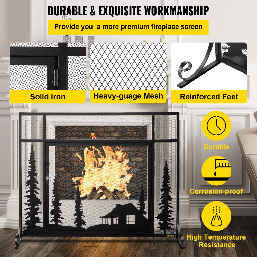 VEVOR Fireplace Screen, 44" Fireplace Screens Decorative, Black Solid Steel Fireplace Cover Screen, Iron Fireplace Screen with Single Door, Fireplace Guard with Heavy Duty Metal Mesh for Home Décor