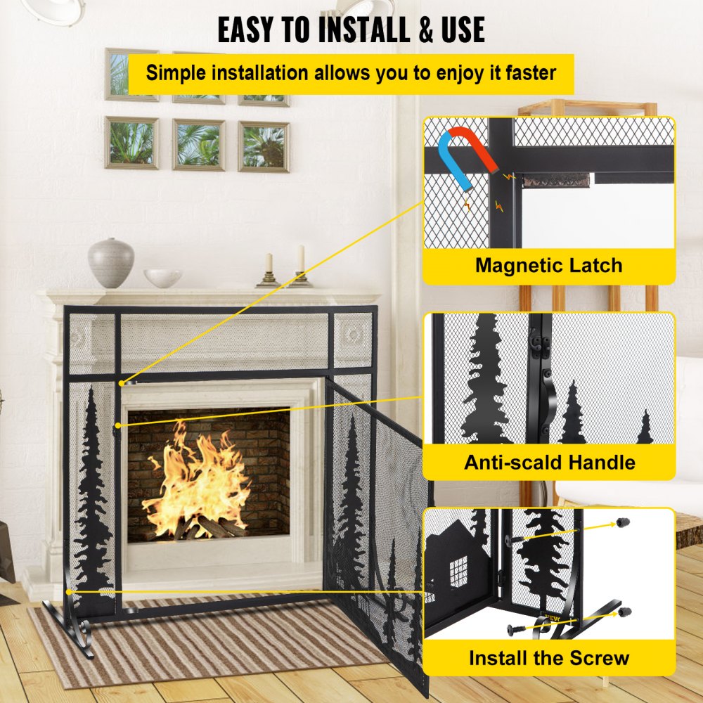 VEVOR Fireplace Screen, 44" Fireplace Screens Decorative, Black Solid Steel Fireplace Cover Screen, Iron Fireplace Screen with Single Door, Fireplace Guard with Heavy Duty Metal Mesh for Home Décor