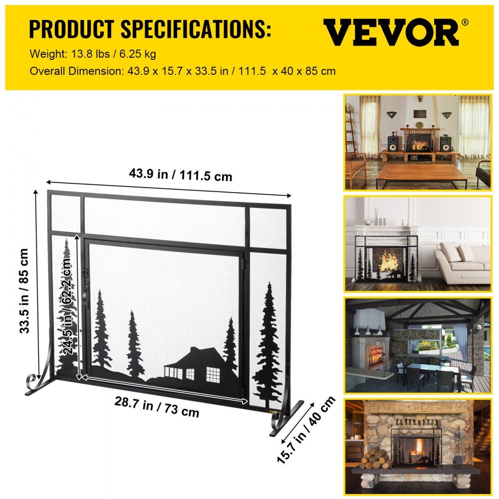 VEVOR Fireplace Screen, 44" Fireplace Screens Decorative, Black Solid Steel Fireplace Cover Screen, Iron Fireplace Screen with Single Door, Fireplace Guard with Heavy Duty Metal Mesh for Home Décor