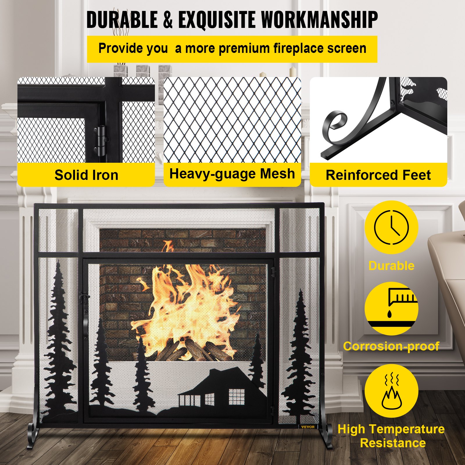 VEVOR Fireplace Screen, 44" Fireplace Screens Decorative, Black Solid Steel Fireplace Cover Screen, Iron Fireplace Screen with Single Door, Fireplace Guard with Heavy Duty Metal Mesh for Home Décor