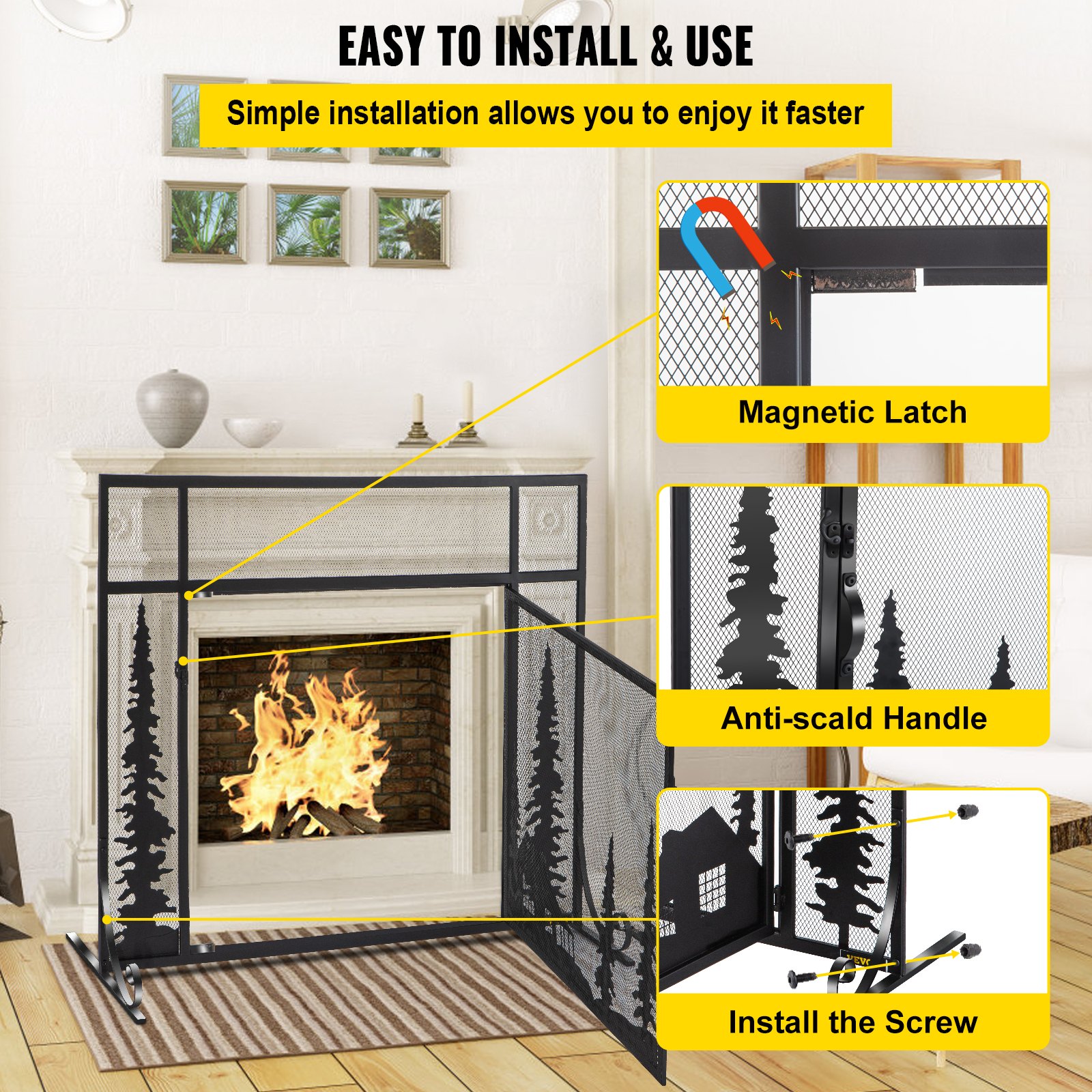 VEVOR Fireplace Screen, 44" Fireplace Screens Decorative, Black Solid Steel Fireplace Cover Screen, Iron Fireplace Screen with Single Door, Fireplace Guard with Heavy Duty Metal Mesh for Home Décor