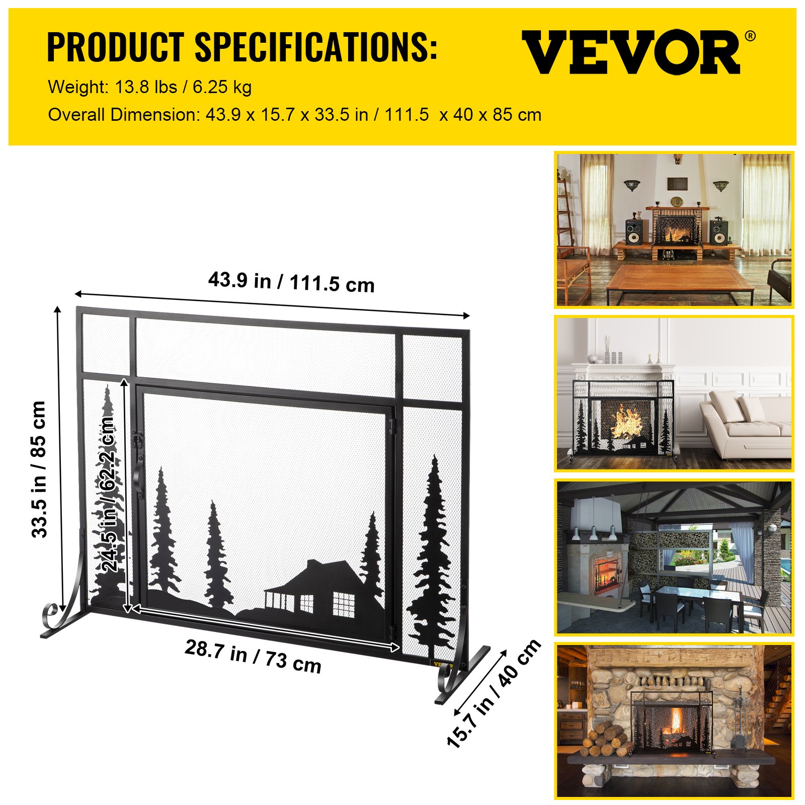 VEVOR Fireplace Screen, 44" Fireplace Screens Decorative, Black Solid Steel Fireplace Cover Screen, Iron Fireplace Screen with Single Door, Fireplace Guard with Heavy Duty Metal Mesh for Home Décor