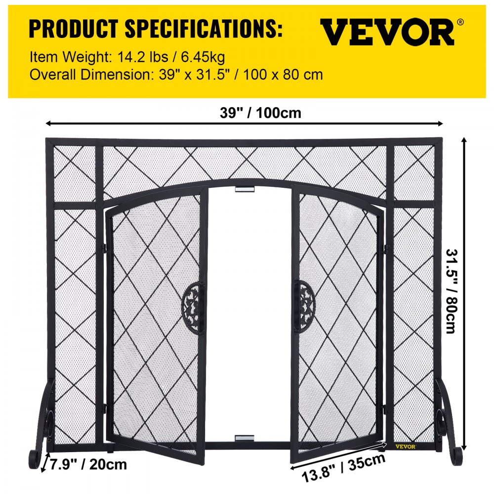 VEVOR Fireplace Screen, 39 x 31.5 Inch, Double Door Iron Freestanding Spark Guard with Support, Metal Mesh Craft, Broom Tong Shovel Poker Included for Fireplace Decoration & Protection, Black