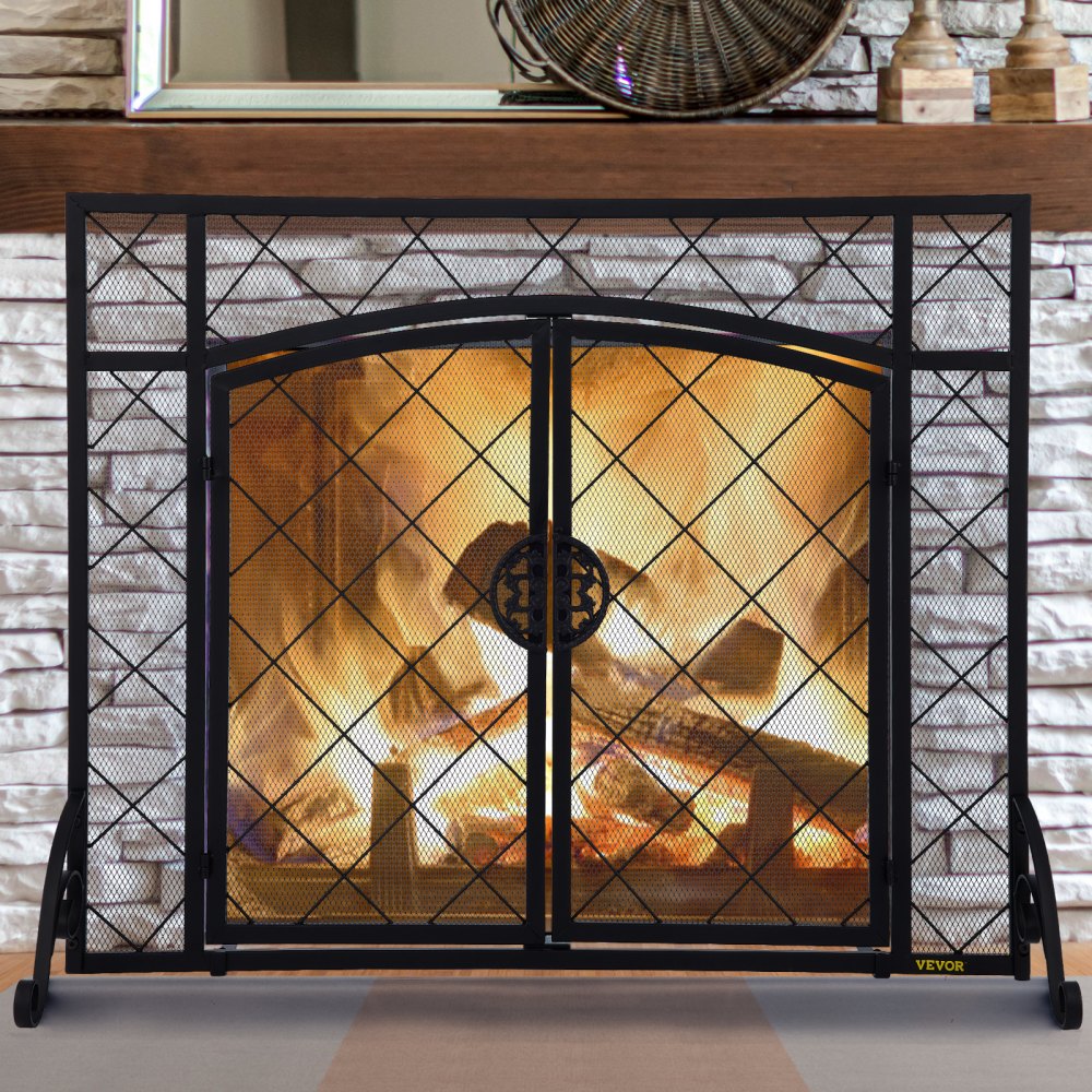 VEVOR Fireplace Screen, 39 x 31.5 Inch, Double Door Iron Freestanding Spark Guard with Support, Metal Mesh Craft, Broom Tong Shovel Poker Included for Fireplace Decoration & Protection, Black