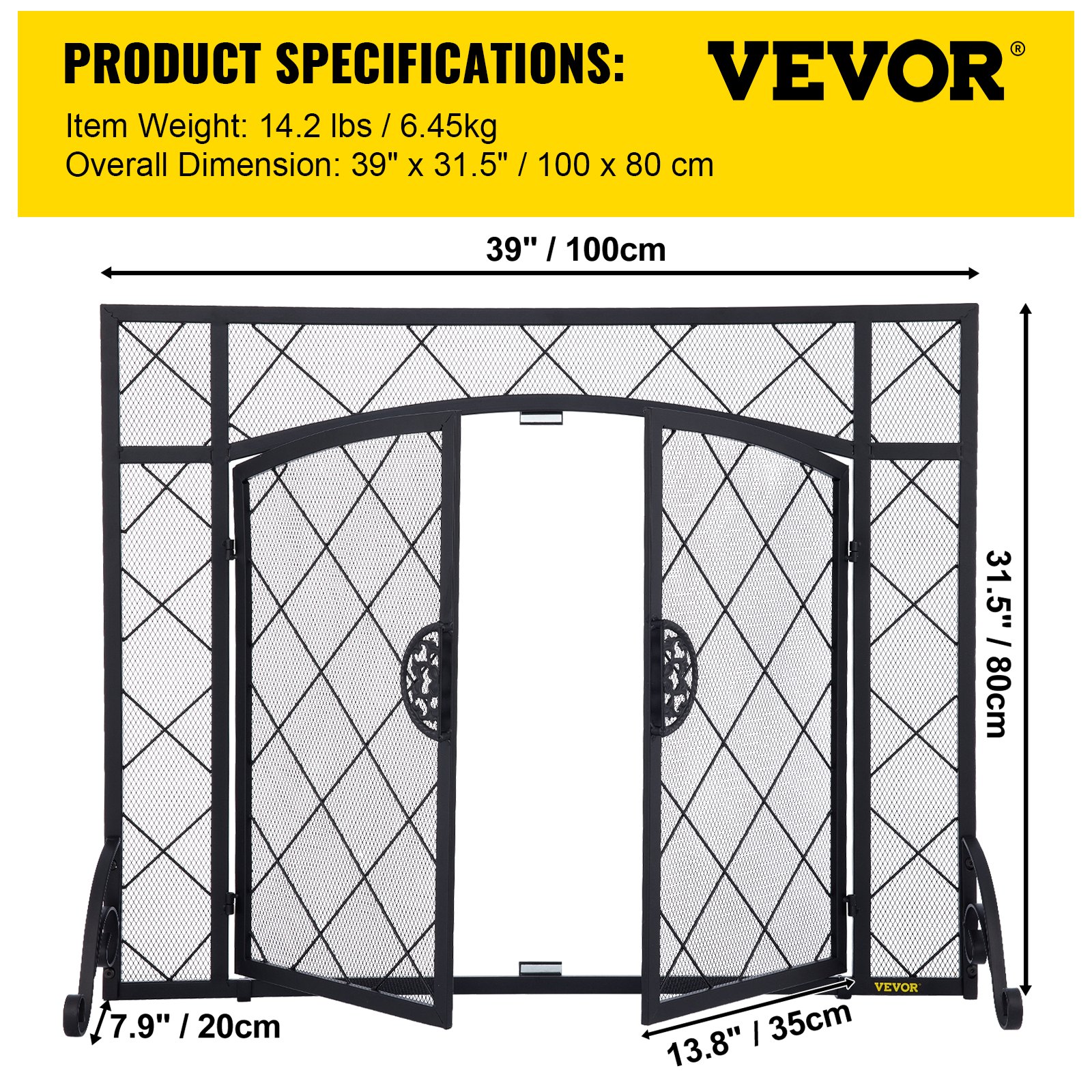 VEVOR Fireplace Screen, 39 x 31.5 Inch, Double Door Iron Freestanding Spark Guard with Support, Metal Mesh Craft, Broom Tong Shovel Poker Included for Fireplace Decoration & Protection, Black