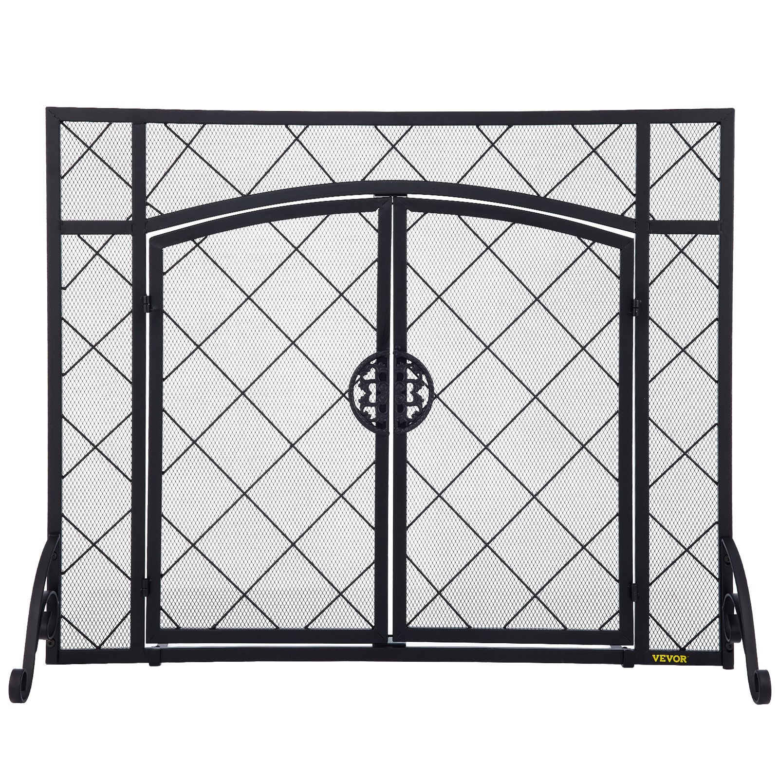 VEVOR Fireplace Screen, 39 x 31.5 Inch, Double Door Iron Freestanding Spark Guard with Support, Metal Mesh Craft, Broom Tong Shovel Poker Included for Fireplace Decoration & Protection, Black