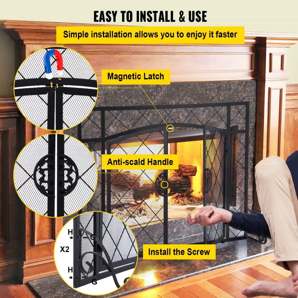 VEVOR Fireplace Screen, 44 x 33 Inch, Double Door Iron Freestanding Spark Guard with Support, Metal Mesh Craft, Broom Tong Shovel Poker Included for Fireplace Decoration & Protection, Black