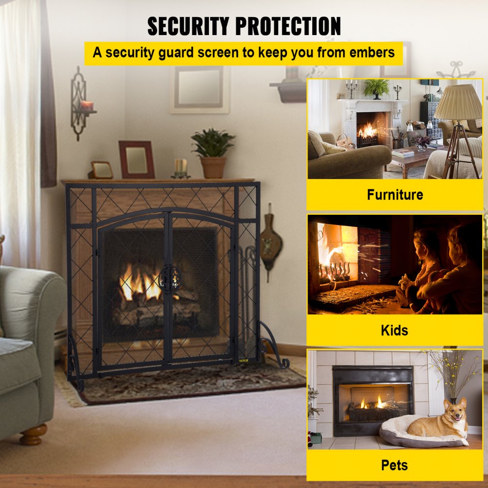 VEVOR Fireplace Screen, 44 x 33 Inch, Double Door Iron Freestanding Spark Guard with Support, Metal Mesh Craft, Broom Tong Shovel Poker Included for Fireplace Decoration & Protection, Black
