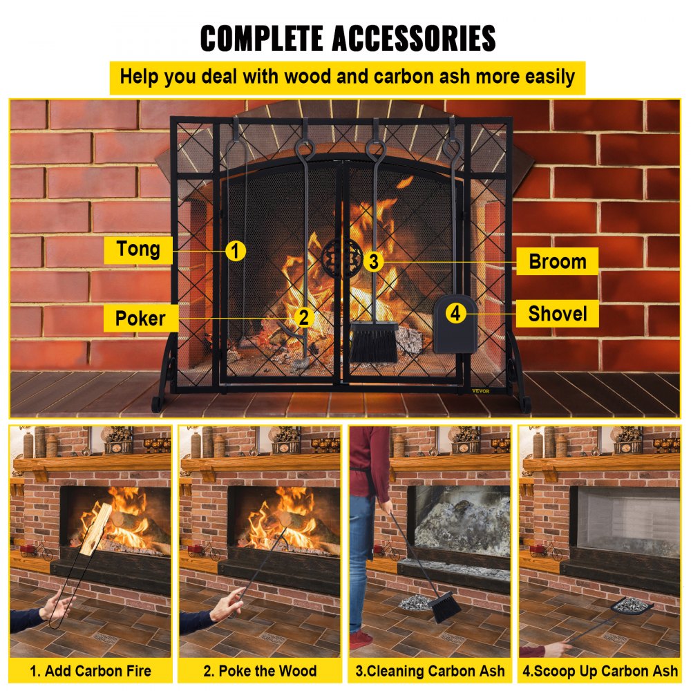 VEVOR Fireplace Screen, 44 x 33 Inch, Double Door Iron Freestanding Spark Guard with Support, Metal Mesh Craft, Broom Tong Shovel Poker Included for Fireplace Decoration & Protection, Black