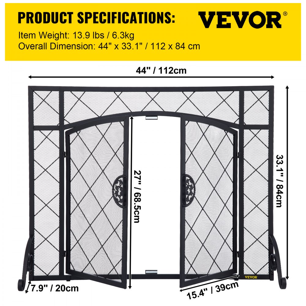 VEVOR Fireplace Screen, 44 x 33 Inch, Double Door Iron Freestanding Spark Guard with Support, Metal Mesh Craft, Broom Tong Shovel Poker Included for Fireplace Decoration & Protection, Black