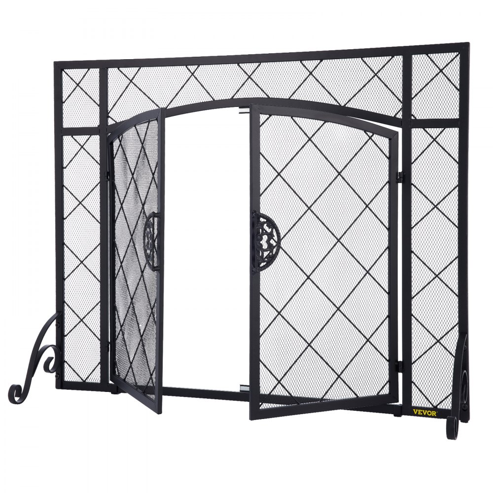VEVOR Fireplace Screen, 44 x 33 Inch, Double Door Iron Freestanding Spark Guard with Support, Metal Mesh Craft, Broom Tong Shovel Poker Included for Fireplace Decoration & Protection, Black