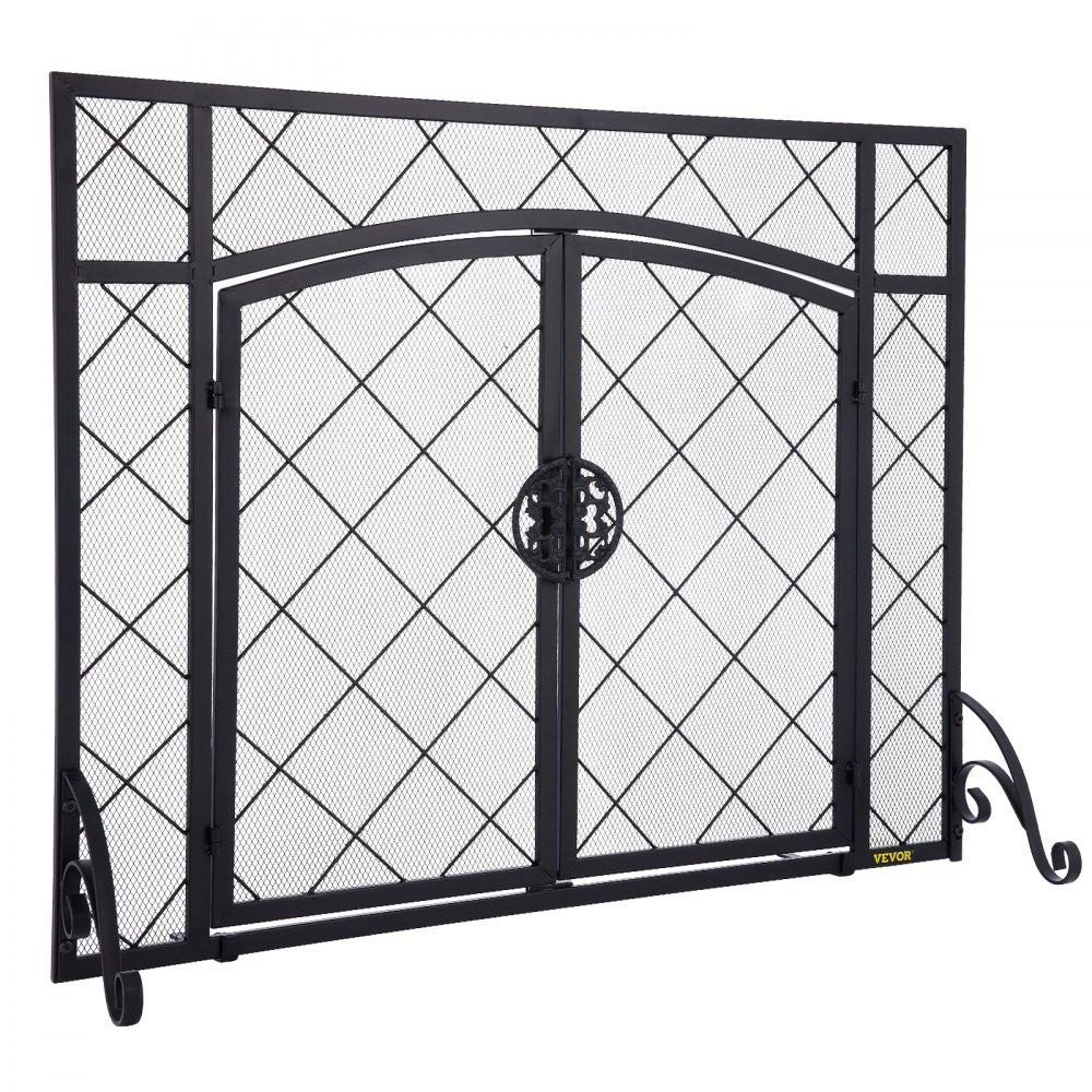 VEVOR Fireplace Screen, 44 x 33 Inch, Double Door Iron Freestanding Spark Guard with Support, Metal Mesh Craft, Broom Tong Shovel Poker Included for Fireplace Decoration & Protection, Black