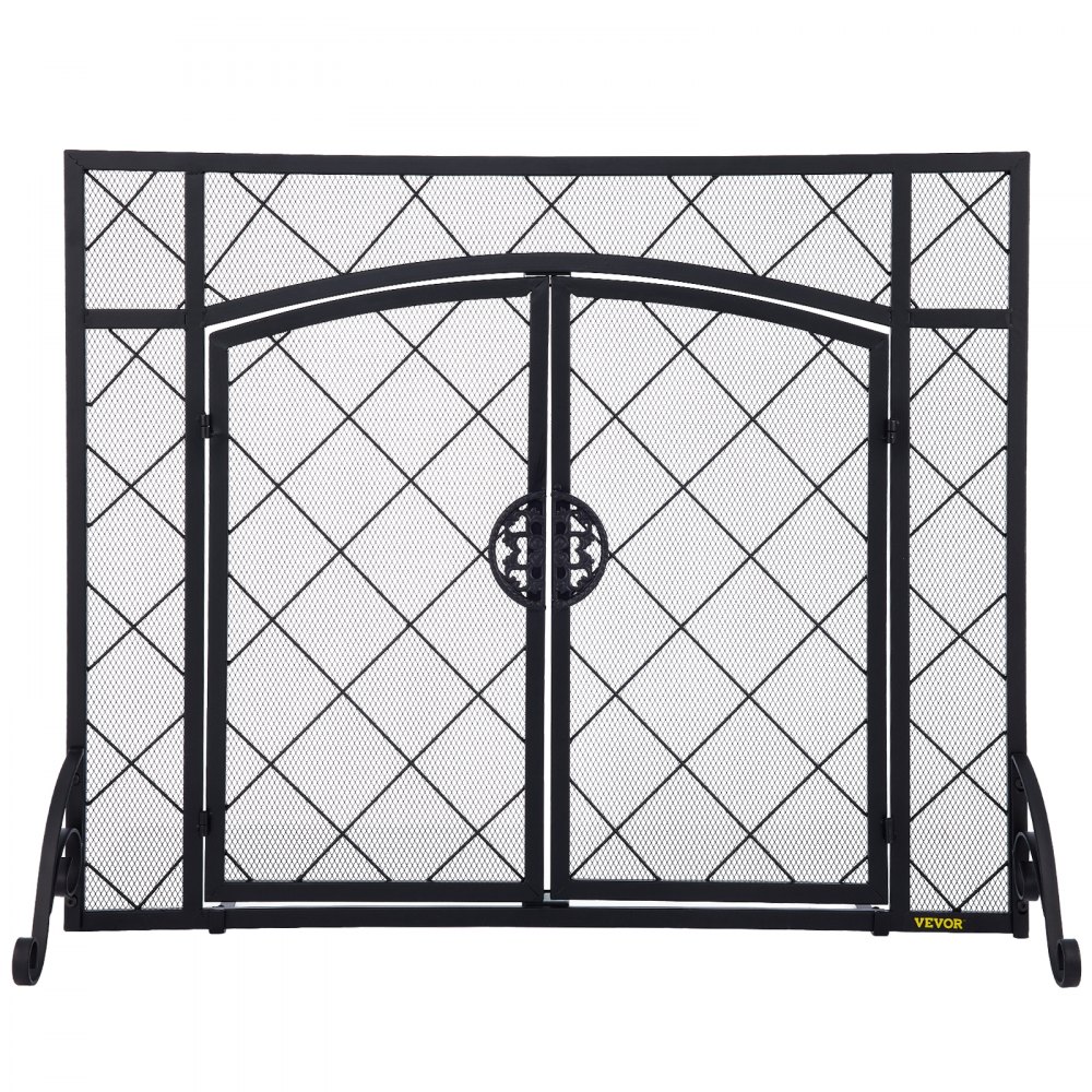 VEVOR Fireplace Screen, 44 x 33 Inch, Double Door Iron Freestanding Spark Guard with Support, Metal Mesh Craft, Broom Tong Shovel Poker Included for Fireplace Decoration & Protection, Black