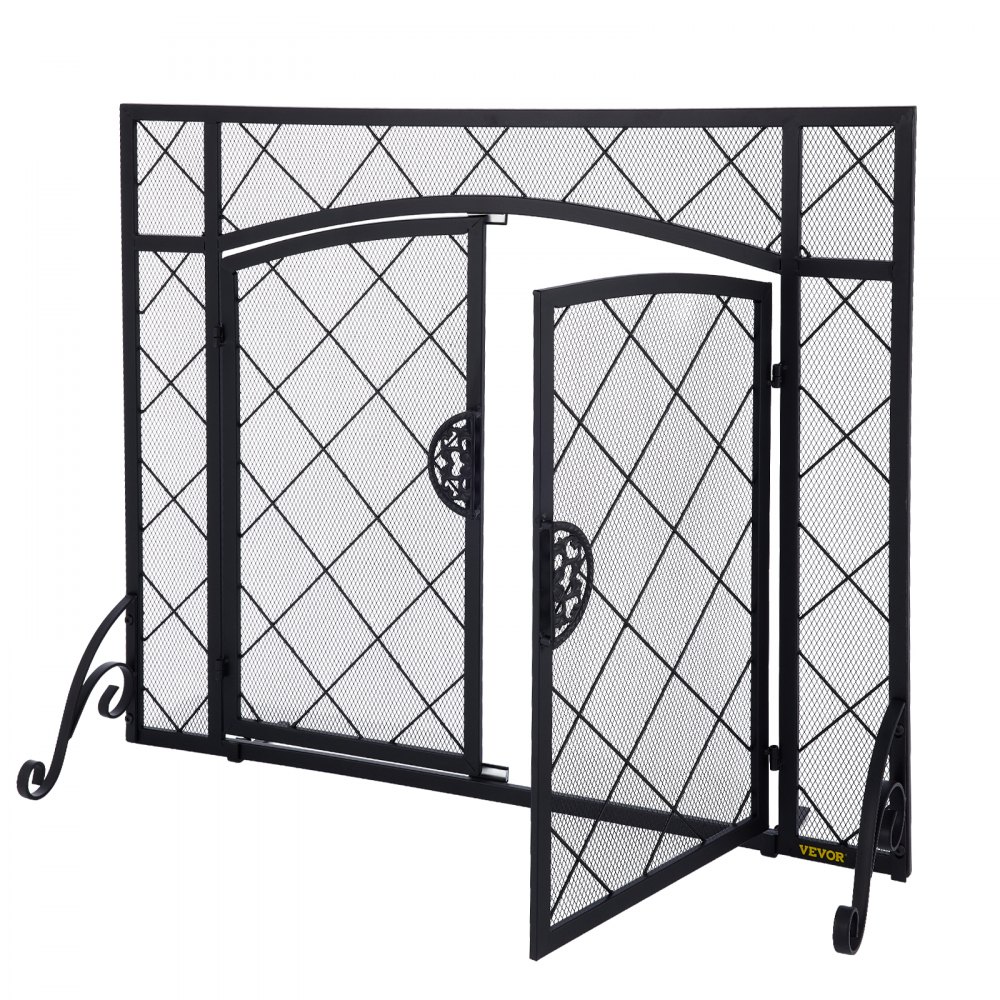 VEVOR Fireplace Screen, 44 x 33 Inch, Double Door Iron Freestanding Spark Guard with Support, Metal Mesh Craft, Broom Tong Shovel Poker Included for Fireplace Decoration & Protection, Black