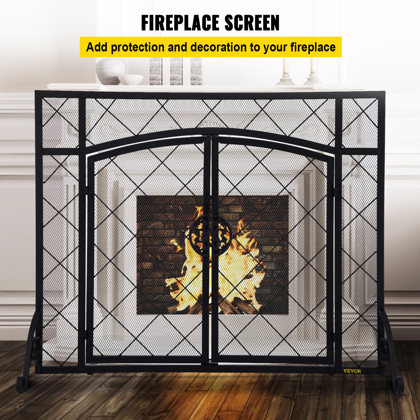 VEVOR Fireplace Screen, 44 x 33 Inch, Double Door Iron Freestanding Spark Guard with Support, Metal Mesh Craft, Broom Tong Shovel Poker Included for Fireplace Decoration & Protection, Black