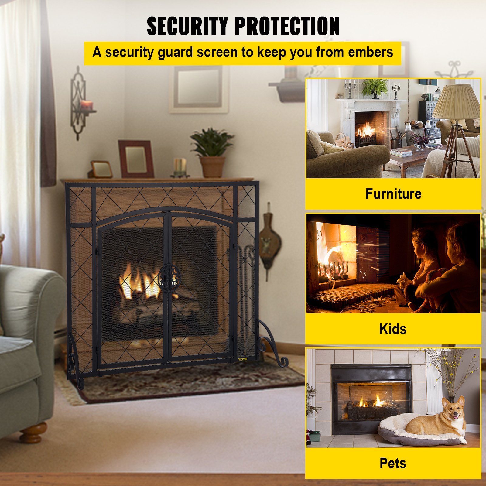 VEVOR Fireplace Screen, 44 x 33 Inch, Double Door Iron Freestanding Spark Guard with Support, Metal Mesh Craft, Broom Tong Shovel Poker Included for Fireplace Decoration & Protection, Black