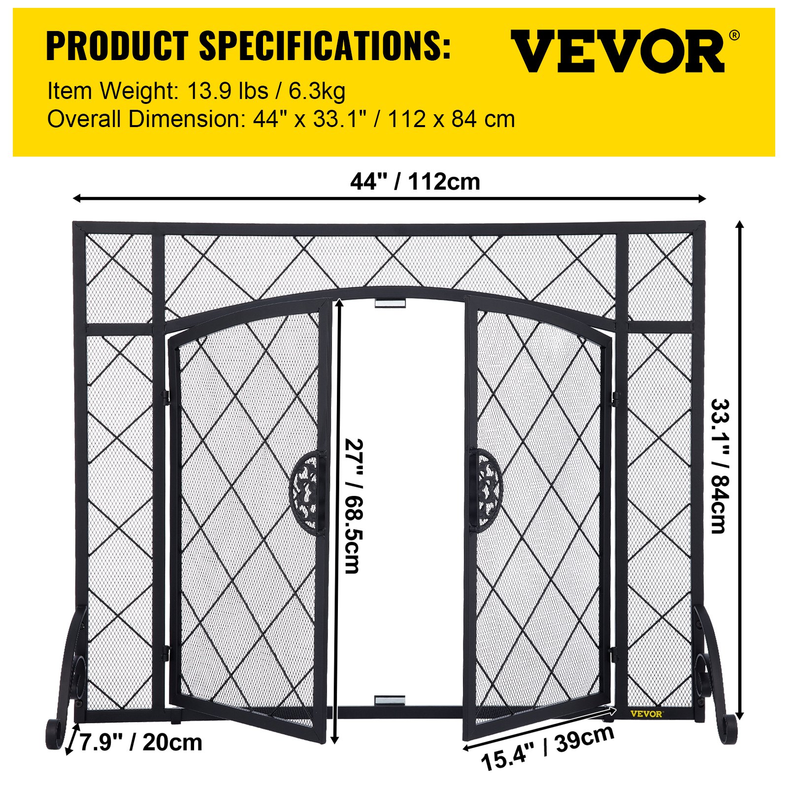 VEVOR Fireplace Screen, 44 x 33 Inch, Double Door Iron Freestanding Spark Guard with Support, Metal Mesh Craft, Broom Tong Shovel Poker Included for Fireplace Decoration & Protection, Black
