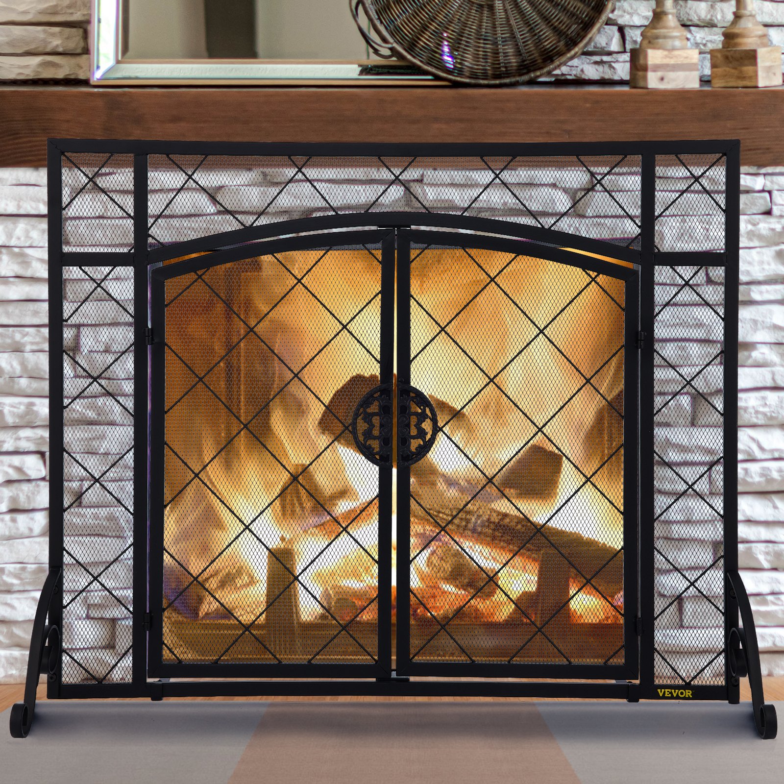 VEVOR Fireplace Screen, 44 x 33 Inch, Double Door Iron Freestanding Spark Guard with Support, Metal Mesh Craft, Broom Tong Shovel Poker Included for Fireplace Decoration & Protection, Black
