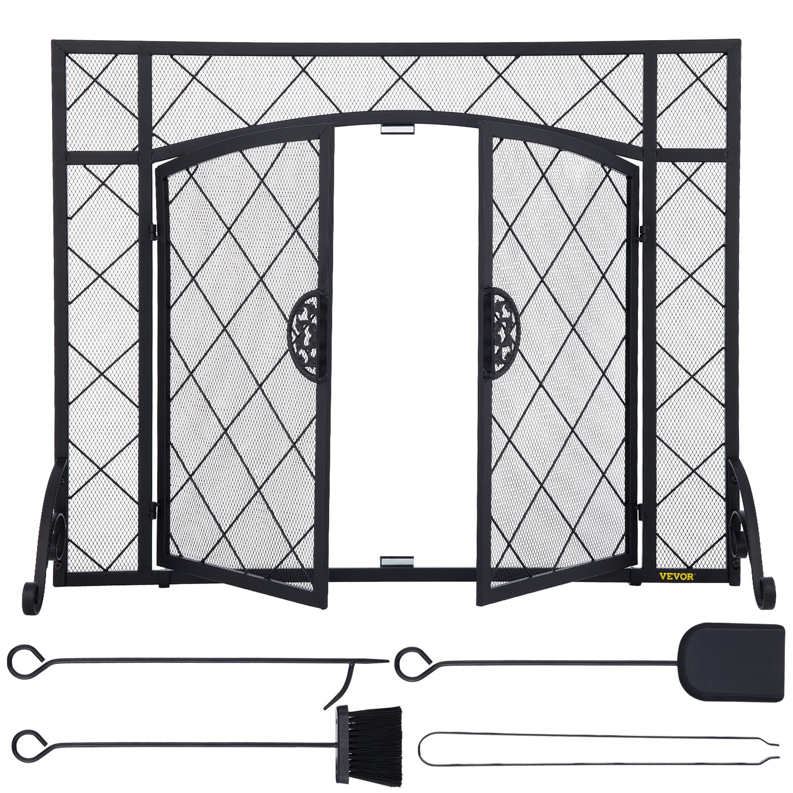 VEVOR Fireplace Screen, 44 x 33 Inch, Double Door Iron Freestanding Spark Guard with Support, Metal Mesh Craft, Broom Tong Shovel Poker Included for Fireplace Decoration & Protection, Black