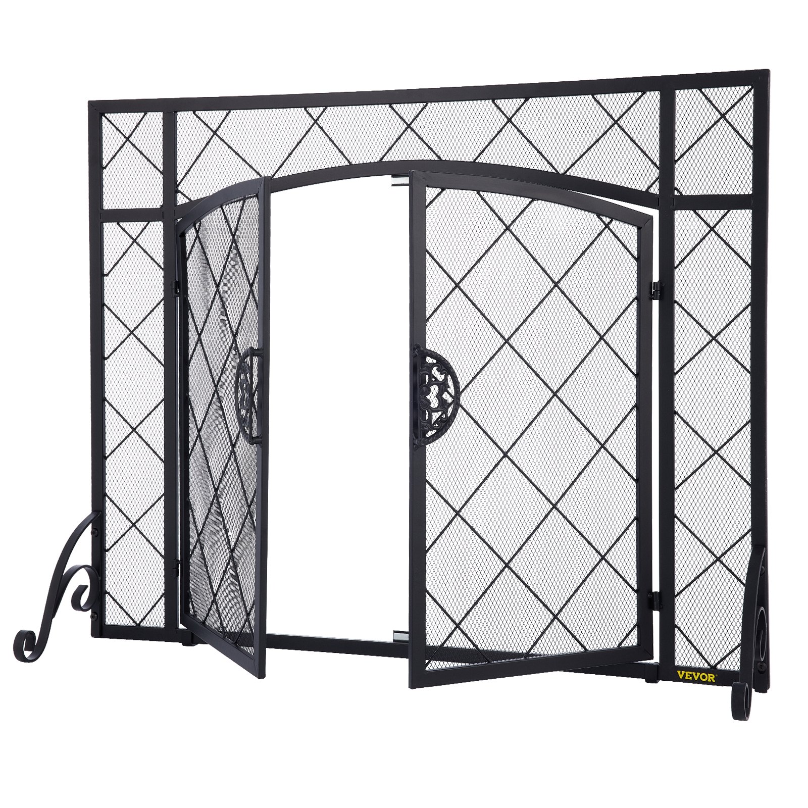 VEVOR Fireplace Screen, 44 x 33 Inch, Double Door Iron Freestanding Spark Guard with Support, Metal Mesh Craft, Broom Tong Shovel Poker Included for Fireplace Decoration & Protection, Black