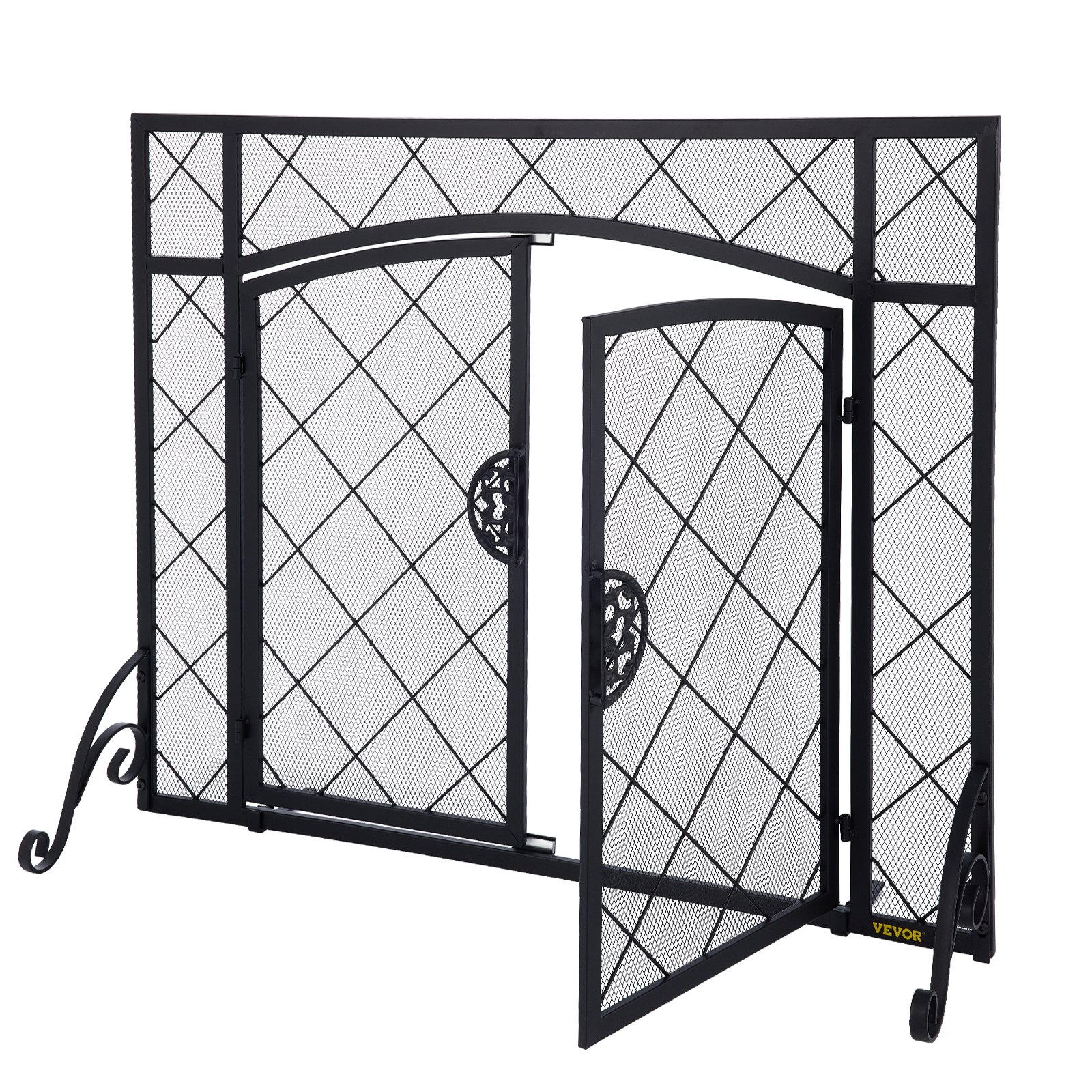 VEVOR Fireplace Screen, 44 x 33 Inch, Double Door Iron Freestanding Spark Guard with Support, Metal Mesh Craft, Broom Tong Shovel Poker Included for Fireplace Decoration & Protection, Black