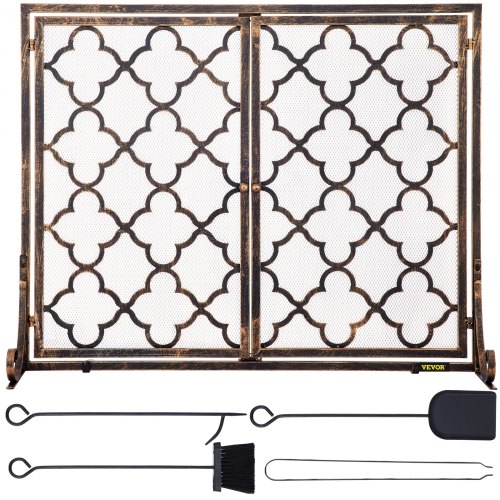 VEVOR Fireplace Screen, 39 x 31 Inch, Double Door Iron Freestanding Spark Guard with Support, Rustic Metal Mesh Craft, Broom Tong Shovel Poker Included for Fireplace Decoration & Protection, Copper