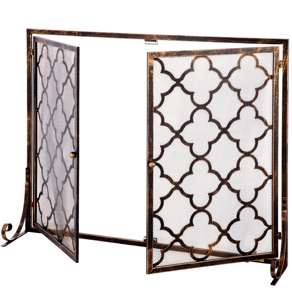 VEVOR Fireplace Screen, 39 x 31 Inch, Double Door Iron Freestanding Spark Guard with Support, Rustic Metal Mesh Craft, Broom Tong Shovel Poker Included for Fireplace Decoration & Protection, Copper