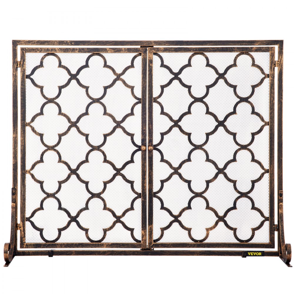 VEVOR Fireplace Screen, 39 x 31 Inch, Double Door Iron Freestanding Spark Guard with Support, Rustic Metal Mesh Craft, Broom Tong Shovel Poker Included for Fireplace Decoration & Protection, Copper