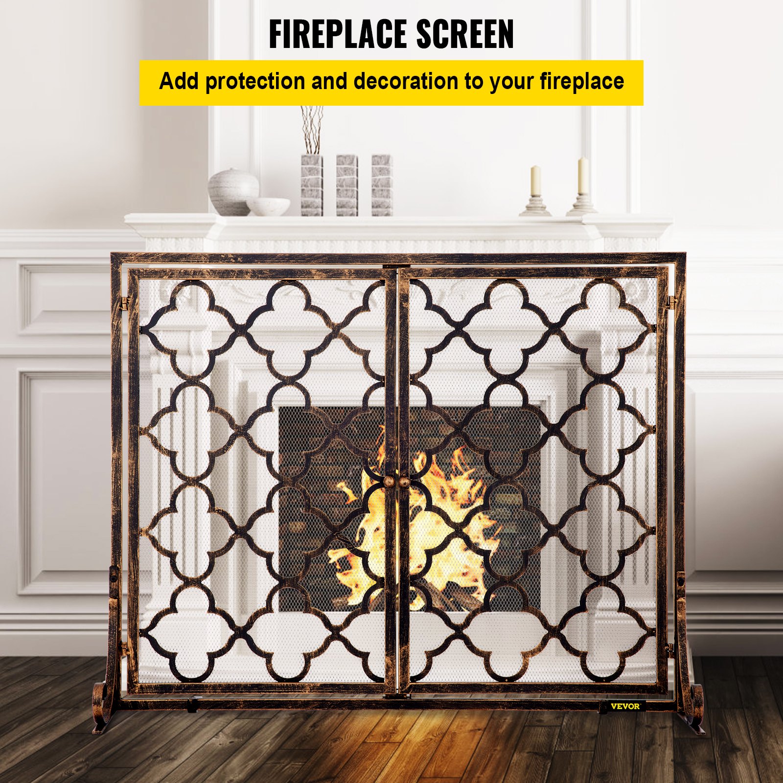 VEVOR Fireplace Screen, 39 x 31 Inch, Double Door Iron Freestanding Spark Guard with Support, Rustic Metal Mesh Craft, Broom Tong Shovel Poker Included for Fireplace Decoration & Protection, Copper