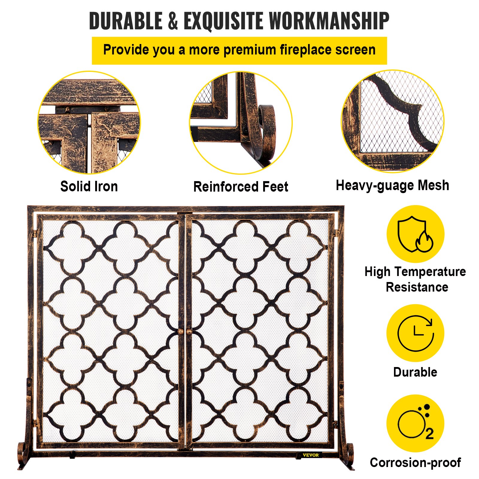 VEVOR Fireplace Screen, 39 x 31 Inch, Double Door Iron Freestanding Spark Guard with Support, Rustic Metal Mesh Craft, Broom Tong Shovel Poker Included for Fireplace Decoration & Protection, Copper