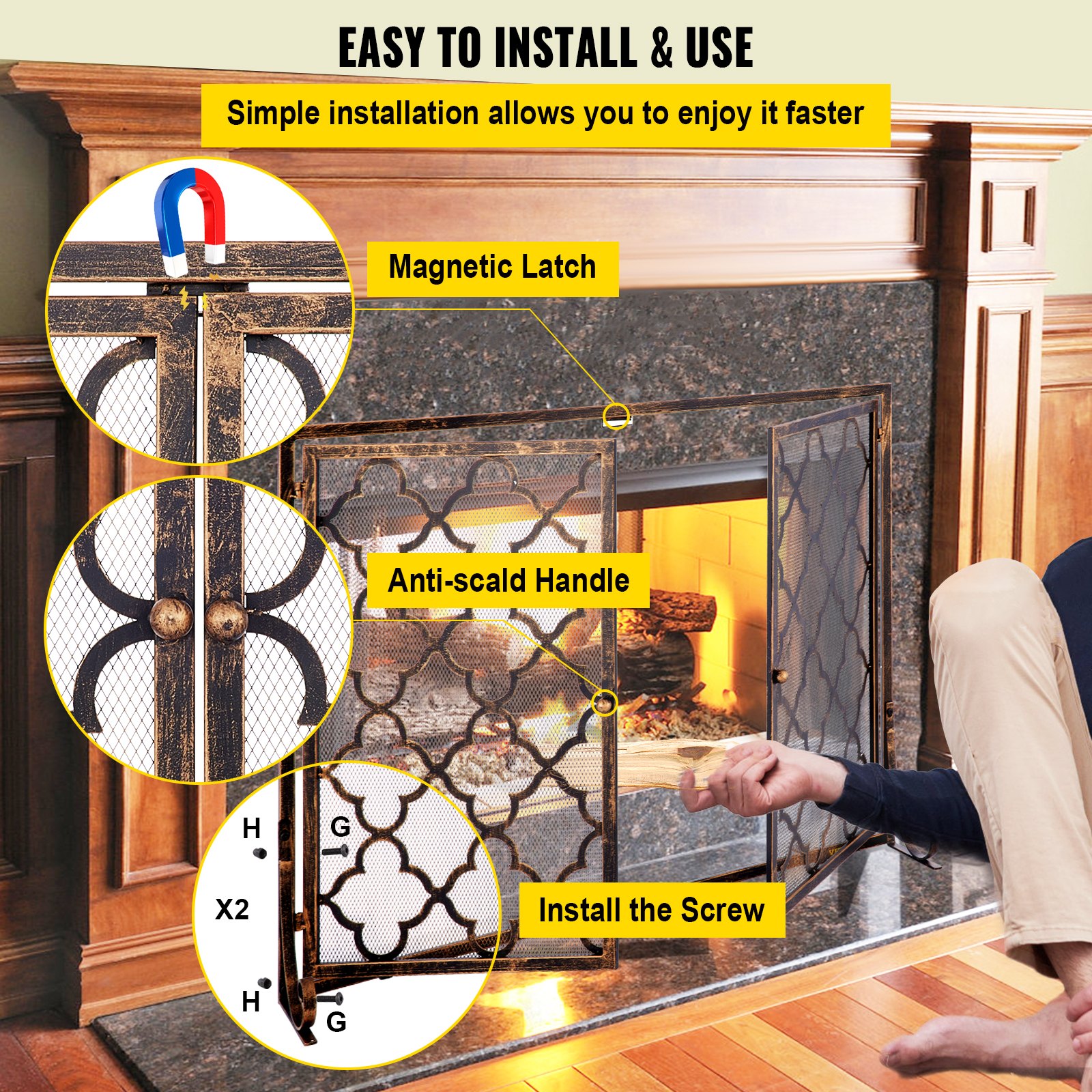 VEVOR Fireplace Screen, 39 x 31 Inch, Double Door Iron Freestanding Spark Guard with Support, Rustic Metal Mesh Craft, Broom Tong Shovel Poker Included for Fireplace Decoration & Protection, Copper