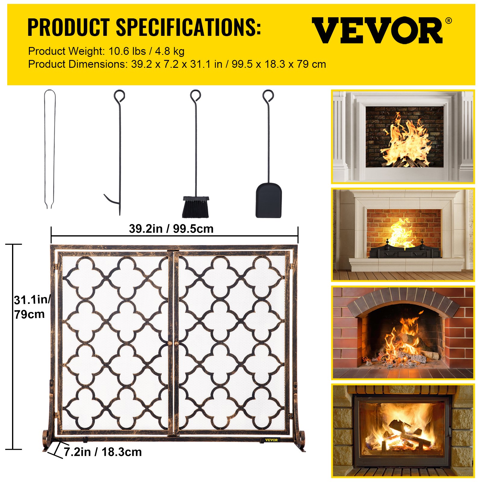 VEVOR Fireplace Screen, 39 x 31 Inch, Double Door Iron Freestanding Spark Guard with Support, Rustic Metal Mesh Craft, Broom Tong Shovel Poker Included for Fireplace Decoration & Protection, Copper