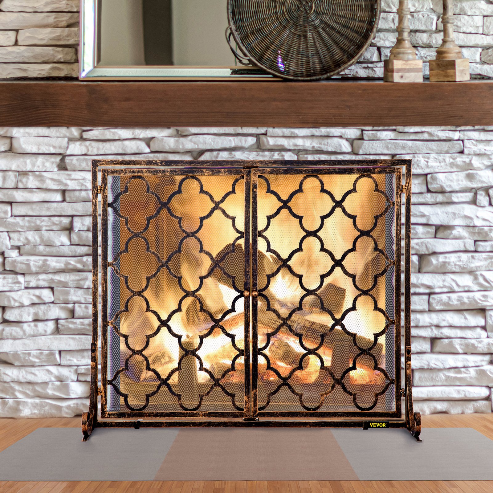 VEVOR Fireplace Screen, 39 x 31 Inch, Double Door Iron Freestanding Spark Guard with Support, Rustic Metal Mesh Craft, Broom Tong Shovel Poker Included for Fireplace Decoration & Protection, Copper